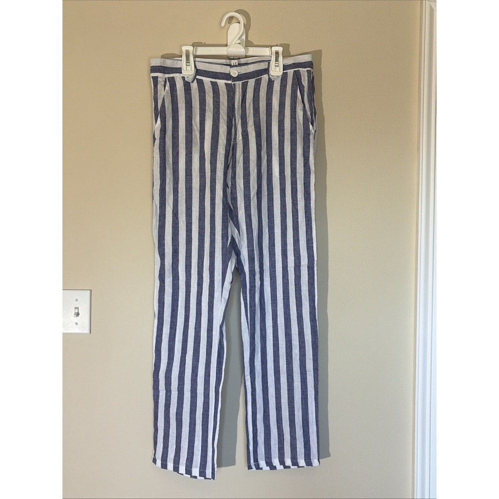 Blue‎ Positano 100% Linen Nautical Preppy Stripe Pants Italian Womens Medium EUC